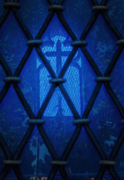istock Ancient cathedral, temple, church icon isolated on blue background. 1334342191