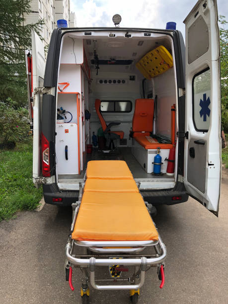 istock Interior ambulance car with stretcher, emergency medical aid 1334343378