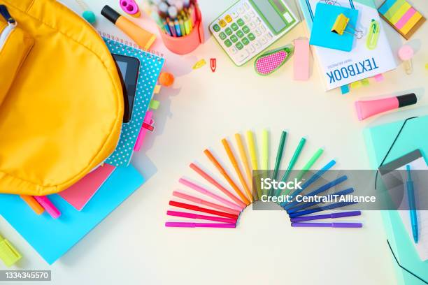 Upper View Of White Table At School Child Room In Sunny Day Stock Photo - Download Image Now