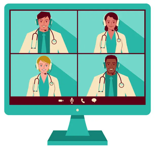 Vector illustration of Four young doctors ( Multi-Ethnic Group) attending a video conference