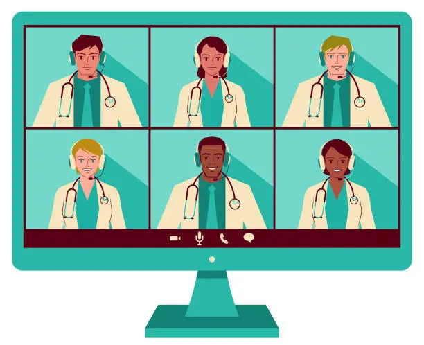 Vector illustration of Six young doctors (Multi-Ethnic Group) attending a video conference