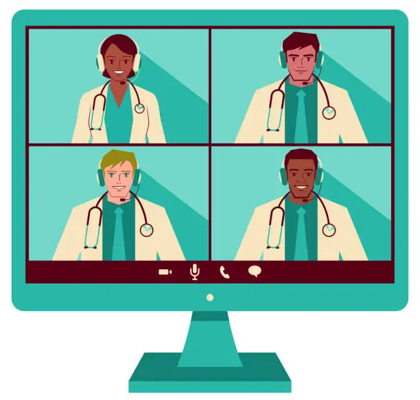 Vector illustration of Four young doctors (Multi-Ethnic Group) attending a video conference