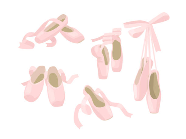 Set of Pointe Ballet Shoes, Pink Slippers with Ribbons Isolated on White Background. Ballerina Footgear for Dancing Set of Pointe Ballet Shoes, Pink Slippers with Ribbons Isolated on White Background. Ballerina Footgear for Dancing and Performance on Stage. Cute Girly Silk Shoes. Cartoon Vector Illustration, Icons ballet shoe stock illustrations