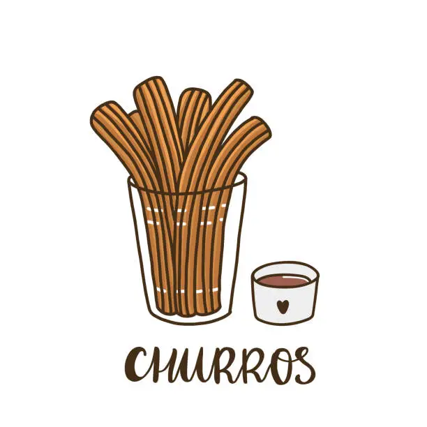 Vector illustration of Churros with chocolate. Churros (or churro) is a traditional Spanish dessert. It can be used for menu, sign, banner, poster, etc.