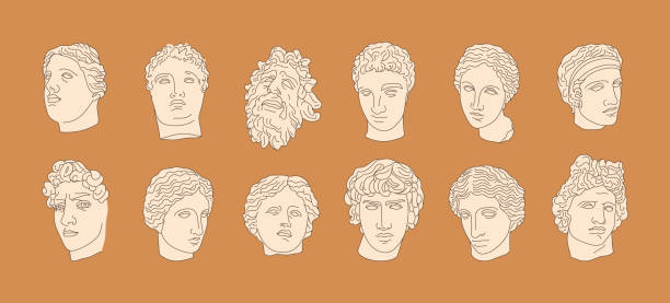 ilustraciones, imágenes clip art, dibujos animados e iconos de stock de un conjunto de esculturas antiguas en un estilo minimalista, lineal de moda. ilustración vectorial de dioses griegos antiguos - aphrodite