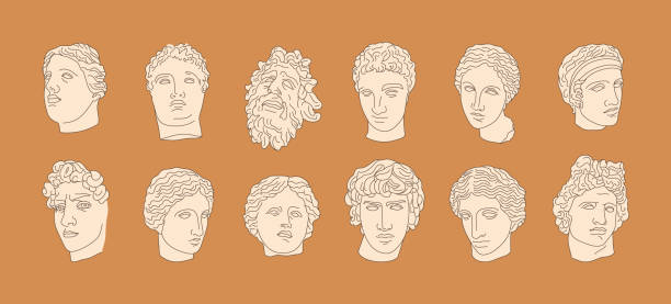 A set of Antique Sculptures in a Minimalistic, Trendy Linear style. Vector illustration of Ancient Greek Gods A set of Antique Sculptures in a Minimalistic, Trendy Linear style. Vector illustration of Ancient Greek Gods Venus, Apollo, David, Aphrodite and others. For Logos, T-shirts Print, Posters, Tattoos classical greek illustrations stock illustrations