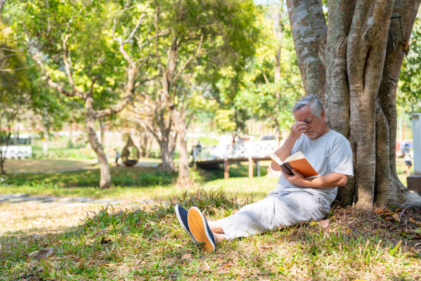 istock Asian senior man reading a book under the tree in public park. 1334361657
