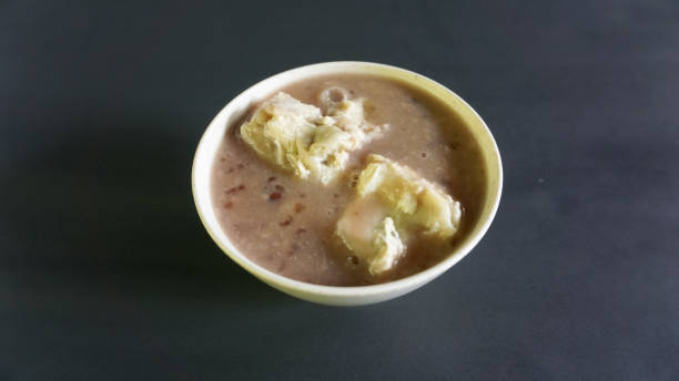 Red bean porridge with durian fruit in a bowl stock photo
