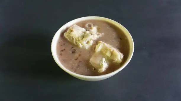 Red bean porridge with durian fruit in a bowl