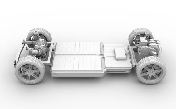 Clay rendering of electric vehicle chassis equipped with battery pack