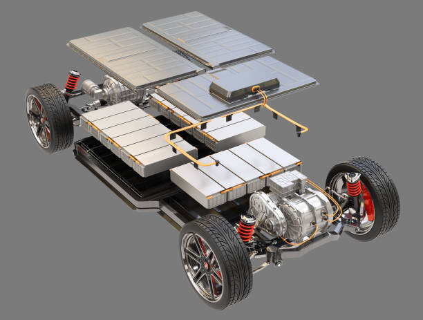 Explode view of electric vehicle chassis equipped with battery pack on gray background Explode view of electric vehicle chassis equipped with battery pack on gray background. 3D rendering image. chassis stock pictures, royalty-free photos & images