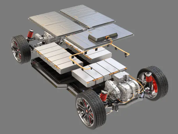 Explode view of electric vehicle chassis equipped with battery pack on gray background. 3D rendering image.