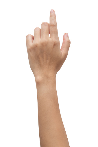 Mujer tocando la mano o señalando algo aislado sobre fondo blanco. photo