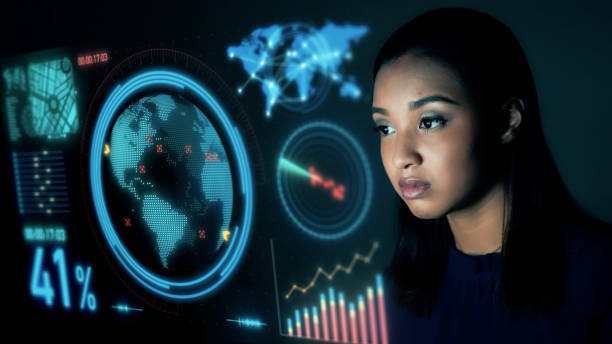 istock Woman watching hologram screen. Science technology. Management strategy. 1334378927