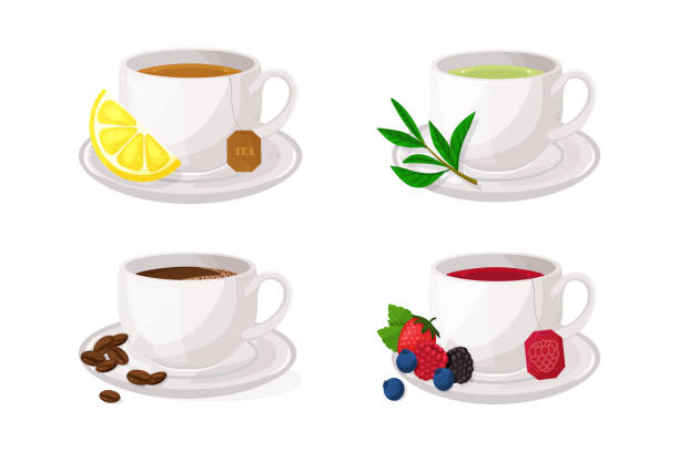 ilustraciones, imágenes clip art, dibujos animados e iconos de stock de juego de té y café. baya, té verde y negro. ilustración vectorial - steam coffee cup black coffee non alcoholic beverage