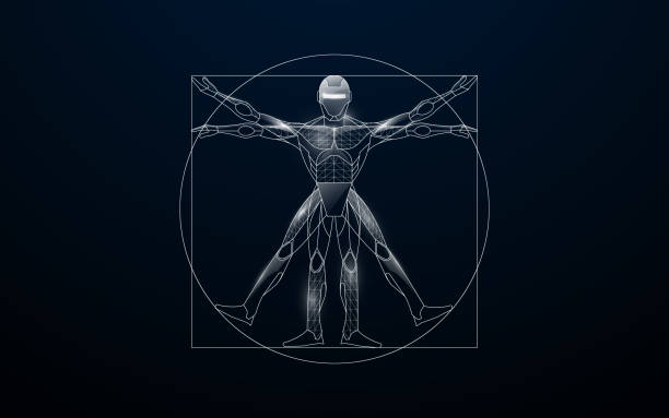 istock Vitruvian man with a cyborg from lines, triangles, and particle style design. Illustration vector 1334387231
