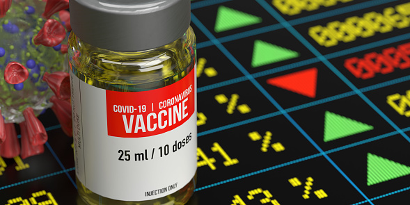 3D rendered Covid-19 vaccine versa economy concept: Site effects of the coronavirus pandemic and the new mutant Delta variant on global financial stock markets. Colorful numbers and arrows on screen analyzing data. Increase vaccination.