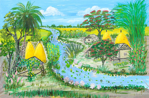 Oil painting on canvas of river flowing through small Thai country farm village with huts made with thatch and haystacks
