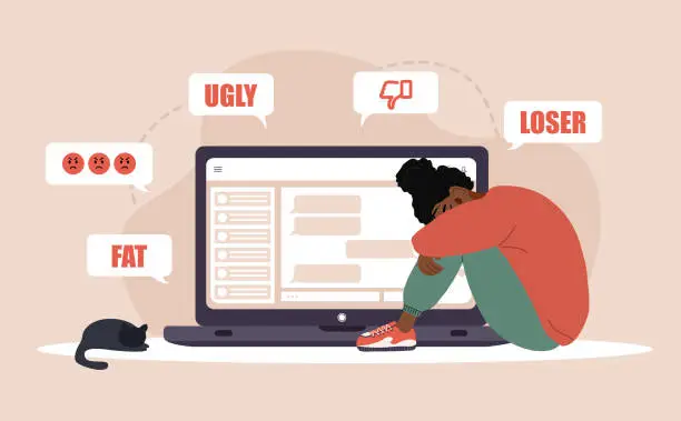 Vector illustration of Cyber bullying. Sad african woman with laptop receiving pop up messages. Online abuse concept. Teenager sitting on the floor and crying. Vector illustration in flat cartoon style