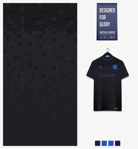 istock Soccer jersey pattern design. Geometric pattern on black background for soccer kit, football kit or sports uniform. T-shirt mockup template. Fabric pattern. Abstract background. 1334393676