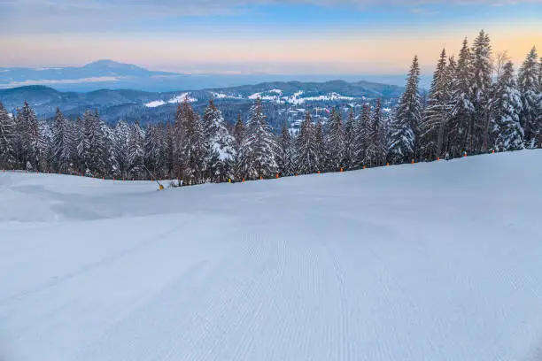 Photo of Empty ski slope in the forest at dawn, Romania