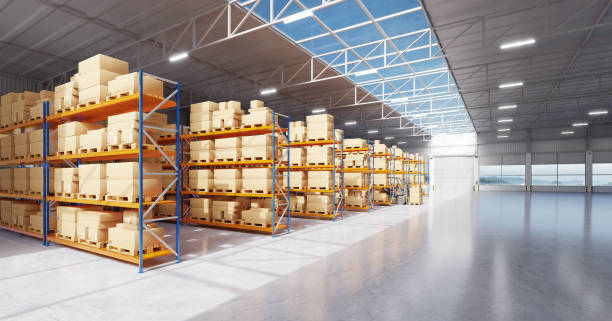 istock Panoramic view of warehouse with high shelves and goods 1334396503