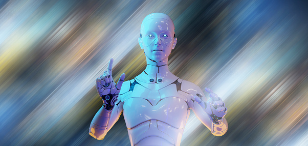 Digital smart world technology concept, 3D humanoid robot in abstract futuristic cyber space, AI artificial intelligence robot for future life.