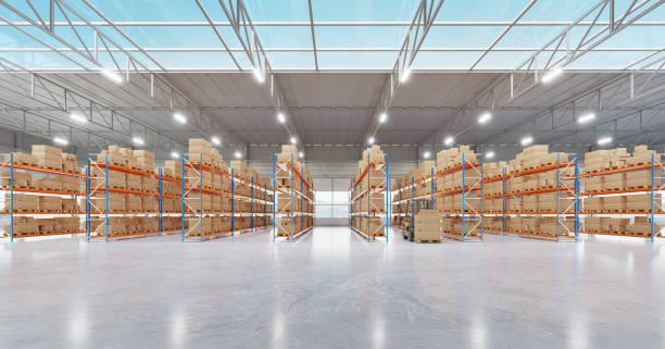 istock Panoramic view of warehouse with high shelves and goods 1334396822