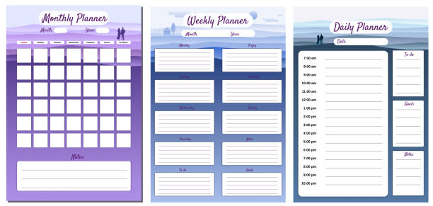 istock Monthly, Weekly, Daily Planner template vector. Minimal landscape with couple background, To Do list, goals, notes. Business notebook management, organizer 1334396872