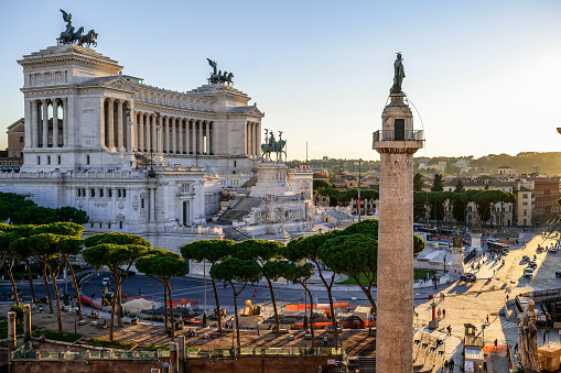 A view of the Roman Forum with the Altare della Patria (Vittoriano) in the background, Rome, Italy.