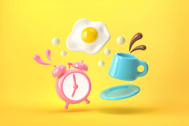 Breakfast time. Fried egg, cup of coffee, and alarm clock flying over yellow background. 3D rendering