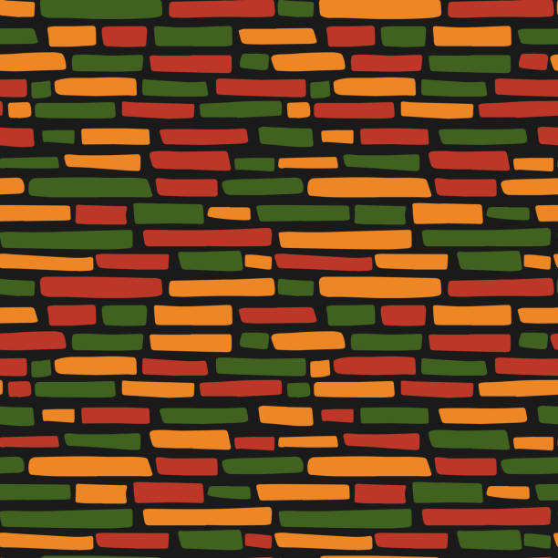 Abstract Kwanzaa, Black History Month, Juneteenth seamless pattern with hand drawn horizontal lines, bricks in traditional African colors - black, red, yellow, green. Vector ethnic background design Abstract Kwanzaa, Black History Month, Juneteenth seamless pattern with hand drawn horizontal lines, bricks in traditional African colors - black, red, yellow, green. Vector ethnic background design. juneteenth stock illustrations