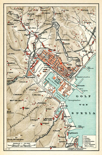 Map of La Spezia Liguria Italy 1898 La Spezia is the capital city of the province of La Spezia and is located at the head of the Gulf of La Spezia in the southern part of the Liguria region of Italy.
Original edition from my own archives
Source : Brockhaus 1898 spezia stock illustrations
