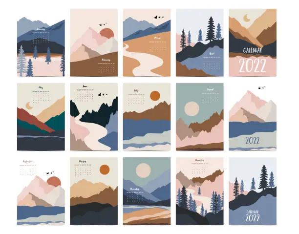 Vector illustration of 2022 table calendar week start on Sunday with mountain,landscape that use for vertical digital and printable A4 A5 size