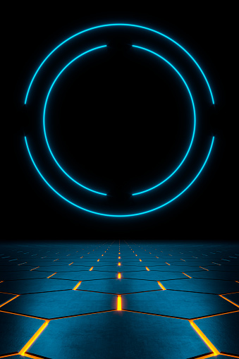 Modern empty abstract background illuminated by round/circle frames blue neon lights with copy space, reflective hexagon tiled floor and dark ceiling. Background faded in the dark. 3D rendered image.