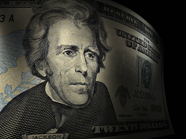 andrew jackson close-up em uma nota de 20 dólares - bill currency number 20 deep focus - fotografias e filmes do acervo