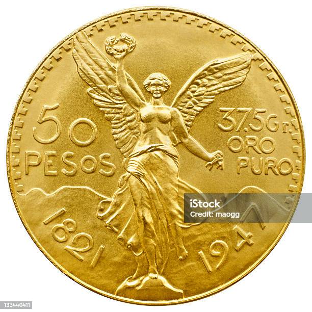 Mexican Gold Coin Isolated In White With Clipping Path Stock Photo - Download Image Now