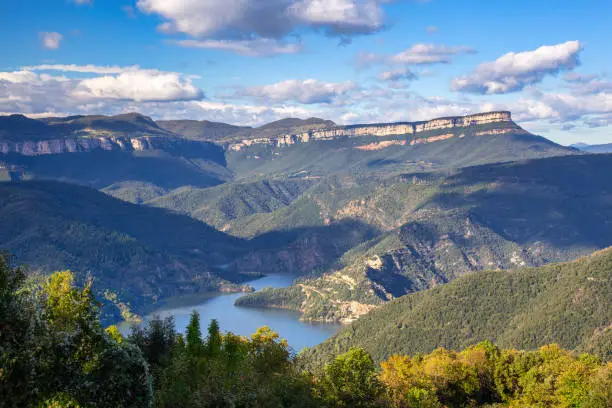 Photo of Nice valley from Spain, near village Rupit in a sunny day. Lake Susqueda.