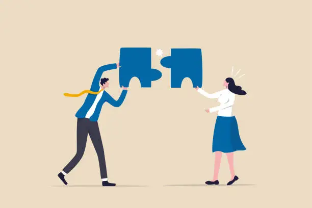Vector illustration of Mismatch or mistake, wrong business decision or failure of incorrect solution, mismanagement or invalid choice concept, confused business people putting mismatch or wrong jigsaw puzzle together.