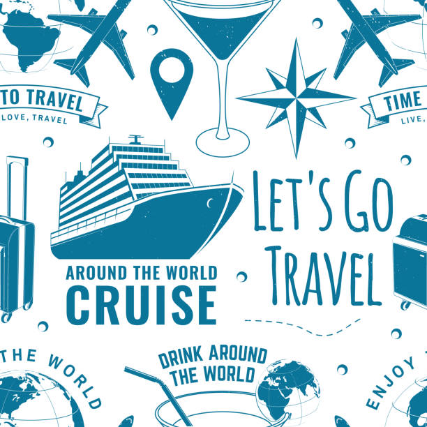 Travel seamless pattern or background with design element. Seamless scene with travel inspiration quotes, globe, airplane, suitcase, cocktail silhouette Vector illustration. Motivation for traveling Travel seamless pattern or background with design element. Seamless scene with travel inspiration quotes, globe, airplane, suitcase, cocktail silhouette Vector illustration Motivation for traveling cruise ship stock illustrations