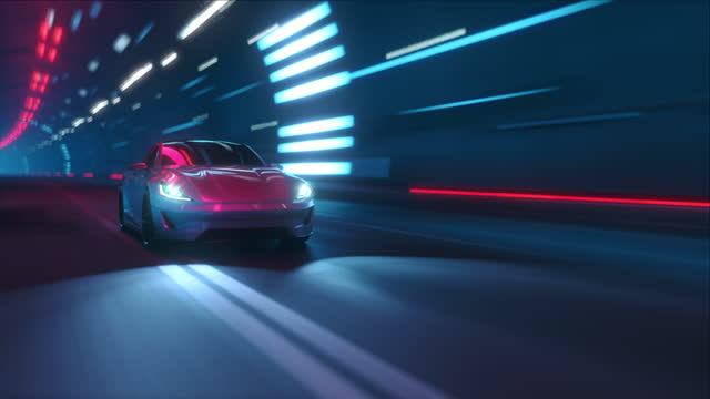 Gameplay of a Racing Simulator Video Game with Interface. Computer Generated 3D Car Driving Fast on a Night Hignway in a Tunnel in a Modern City. VFX Animation. Arc Shot.