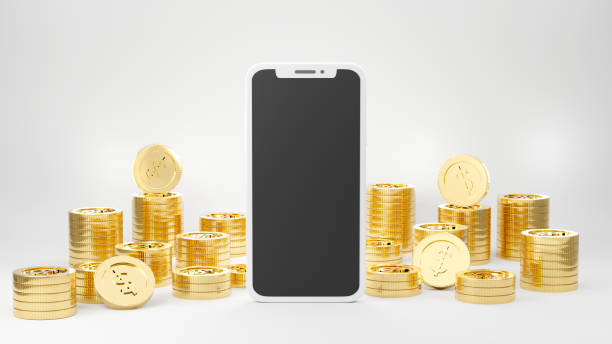 istock Smartphone golden model mock up with golden coin stacks 1334409821