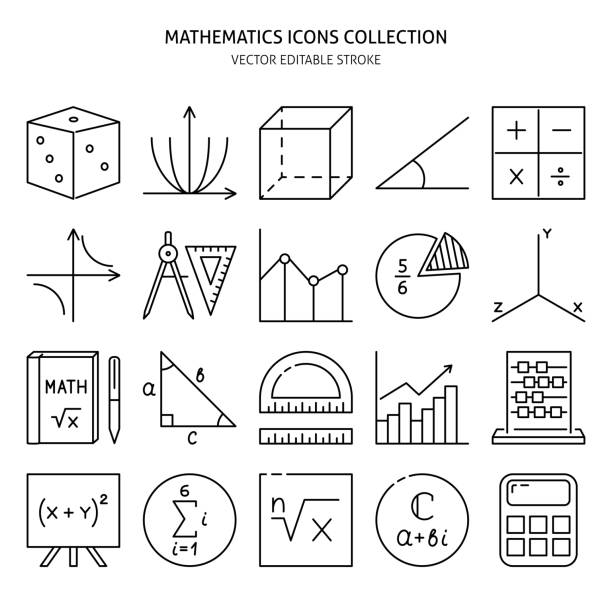 ilustraciones, imágenes clip art, dibujos animados e iconos de stock de icono de ciencias matemáticas establecido en estilo de línea - símbolo matemático