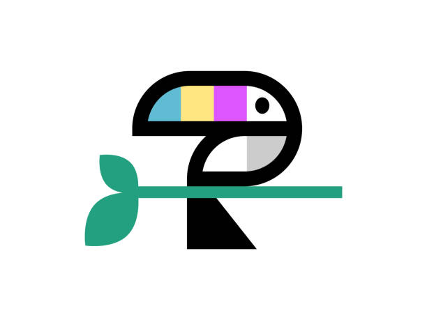 Geometric toucan bird. Abstract exotic bird with a big beak. Bird on a branch. Tropical wildlife logo. Creative colorful design with black outline. Cute toucan. Vector illustration, flat, clip art. toucan white background stock illustrations