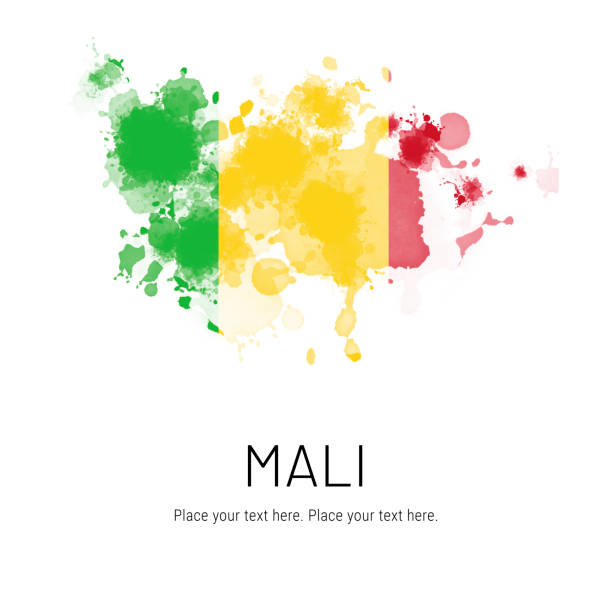 Flag of Mali ink splat on white background. Splatter grunge effect. Copy space. Solid background. Text sample.