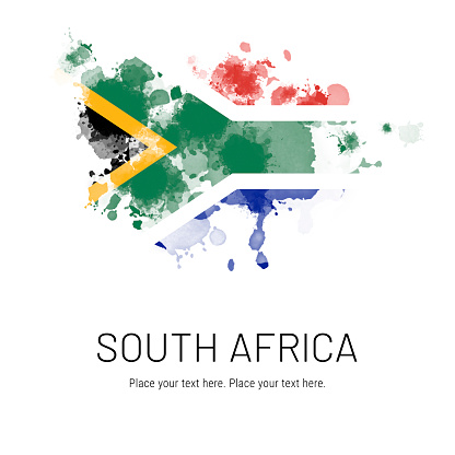 Flag of South Africa ink splat on white background. Splatter grunge effect. Copy space. Solid background. Text sample.