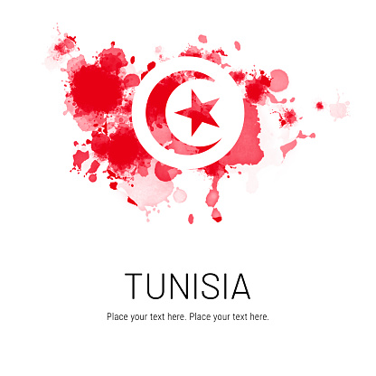 Flag of Tunisia ink splat on white background. Splatter grunge effect. Copy space. Solid background. Text sample.