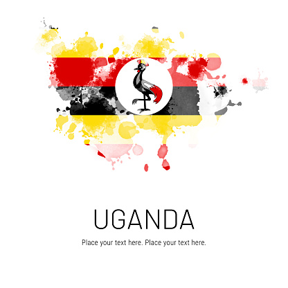 Flag of Uganda ink splat on white background. Splatter grunge effect. Copy space. Solid background. Text sample.