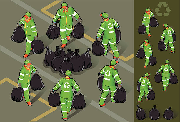 изометрические набор мусор человек в шести положение - дорожный отражатель stock illustrations