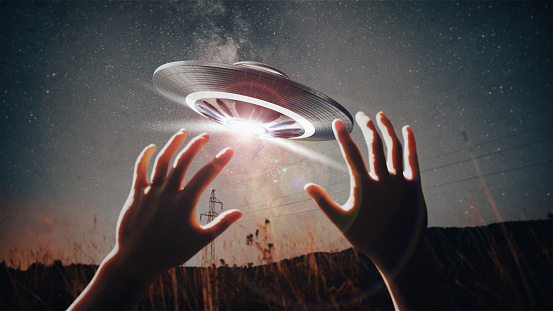 unidentified flying object - UFO flies over the forest - concept 3D illustration